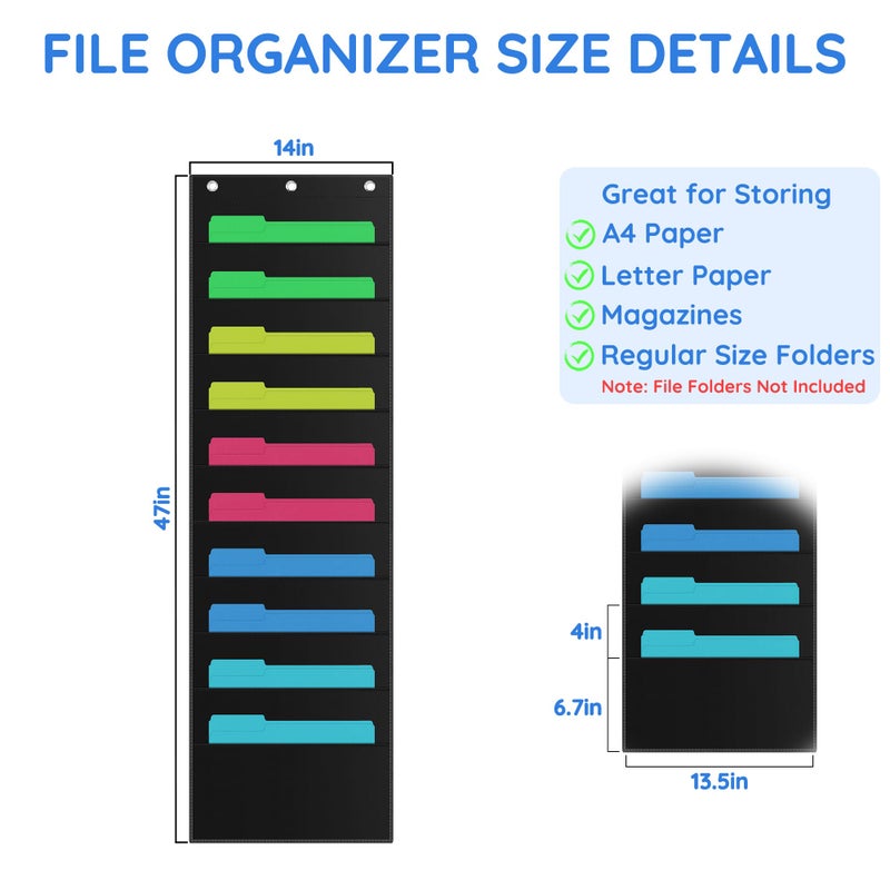ZKOO 10 Pockets Hanging Wall File Organizer for A4 Size Paper/Legal/Letter Size Document, Sturdy Wall Mail Organizer Black Pocket Chart Great for Classroom, Office, Home Use with 3 Hangers - Image 2